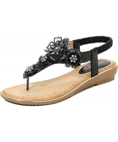 Thong Sandals for Women Beach,Bohemia Floral Flat Sandals T-Strap Summer Beach Glitter Beaded Elastic Flip-Flop Thong Shoes 7...