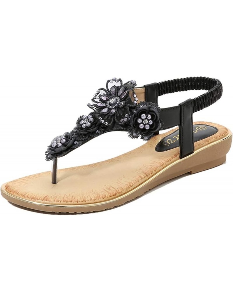 Thong Sandals for Women Beach,Bohemia Floral Flat Sandals T-Strap Summer Beach Glitter Beaded Elastic Flip-Flop Thong Shoes 7...