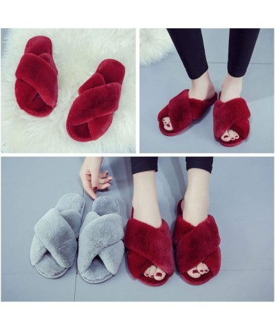 Women's Fluffy Furry Fuzzy Slippers Cross Band Soft Plush Flat Slide Memory Foam House Slippers Open Toe Comfy Spa Indoor Out...