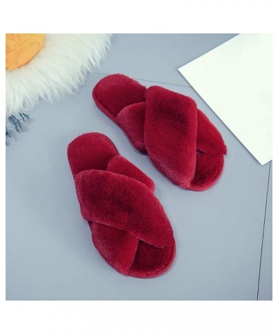 Women's Fluffy Furry Fuzzy Slippers Cross Band Soft Plush Flat Slide Memory Foam House Slippers Open Toe Comfy Spa Indoor Out...