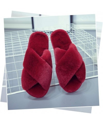 Women's Fluffy Furry Fuzzy Slippers Cross Band Soft Plush Flat Slide Memory Foam House Slippers Open Toe Comfy Spa Indoor Out...