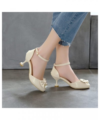 Women's Kitten Heels High Heels with Bow Round Cap Toe Ankle Strap Low Heel Pump Sandals Dress Wedding Party Shoes Beige 43 $...