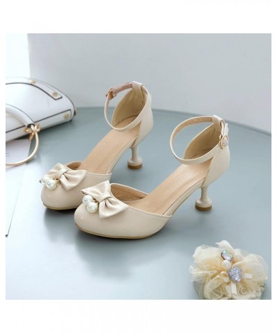 Women's Kitten Heels High Heels with Bow Round Cap Toe Ankle Strap Low Heel Pump Sandals Dress Wedding Party Shoes Beige 43 $...