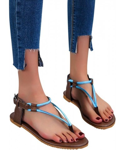 Women's Vintage Roman Style Leather Flat Sandals Ladies Fashion Buckle Strap Flat Sandals Breathable Clip Toe Blue 8 $15.40 S...