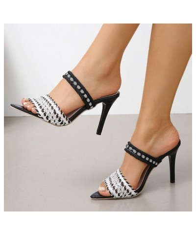 Ladies Fashion Summer Color Cloth Knit Rhinestone Decorative Pointed Thin High Heeled Sandals Size 13 Womens Sandals (White, ...