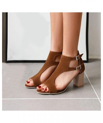 Ladies Fashion Solid Color Suede Hollow Fish Mouth Buckle Thick High Heel Roman Transparent Sandals for Women Size 13 (Brown,...