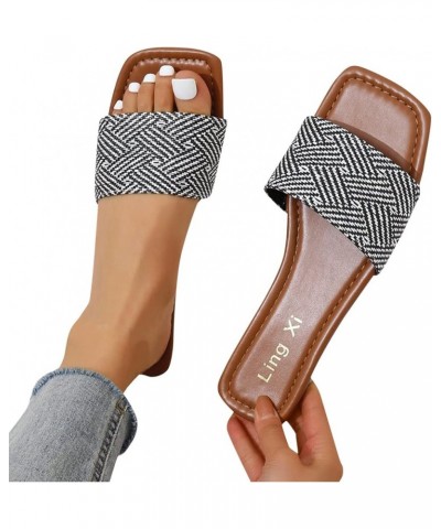 Women Large Flat Bottom Square Toe Sandals Summer Chain Decoration Solid Color Non Slip Slip On Comfortable Beach Sandals 9 B...