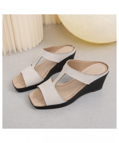 Ladies Fashion Solid Color Suede Square Open Toe Wedge Heel Thick Sole Sandals Womens Wedge Sandals Size 9 Easy Beige 6.5 $18...