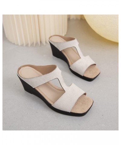 Ladies Fashion Solid Color Suede Square Open Toe Wedge Heel Thick Sole Sandals Womens Wedge Sandals Size 9 Easy Beige 6.5 $18...