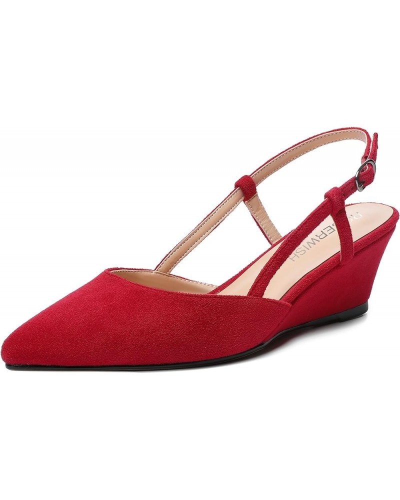 Womens Pointed Toe Party Sexy Slingback Wedding Buckle Suede Wedge Low Heel Pumps Dress Shoes 2 Inch Red $35.19 Pumps