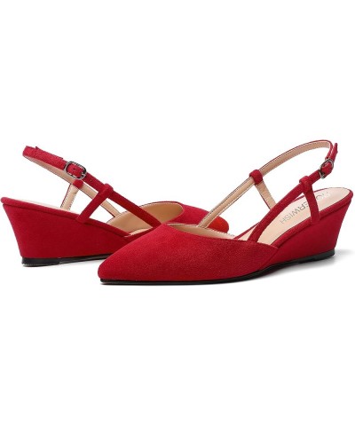 Womens Pointed Toe Party Sexy Slingback Wedding Buckle Suede Wedge Low Heel Pumps Dress Shoes 2 Inch Red $35.19 Pumps