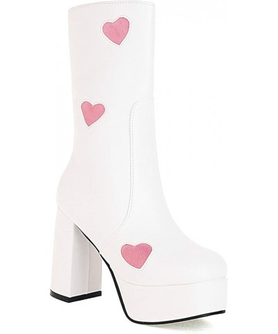 Platform Boots for Women Chunky Heel Knee High Boots Calf High White-pink Heart $36.44 Boots