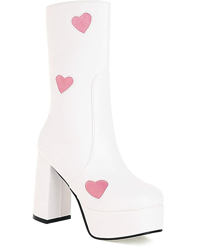 Platform Boots for Women Chunky Heel Knee High Boots Calf High White-pink Heart $36.44 Boots