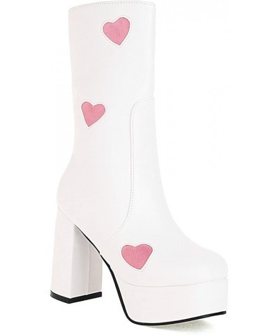 Platform Boots for Women Chunky Heel Knee High Boots Calf High White-pink Heart $36.44 Boots