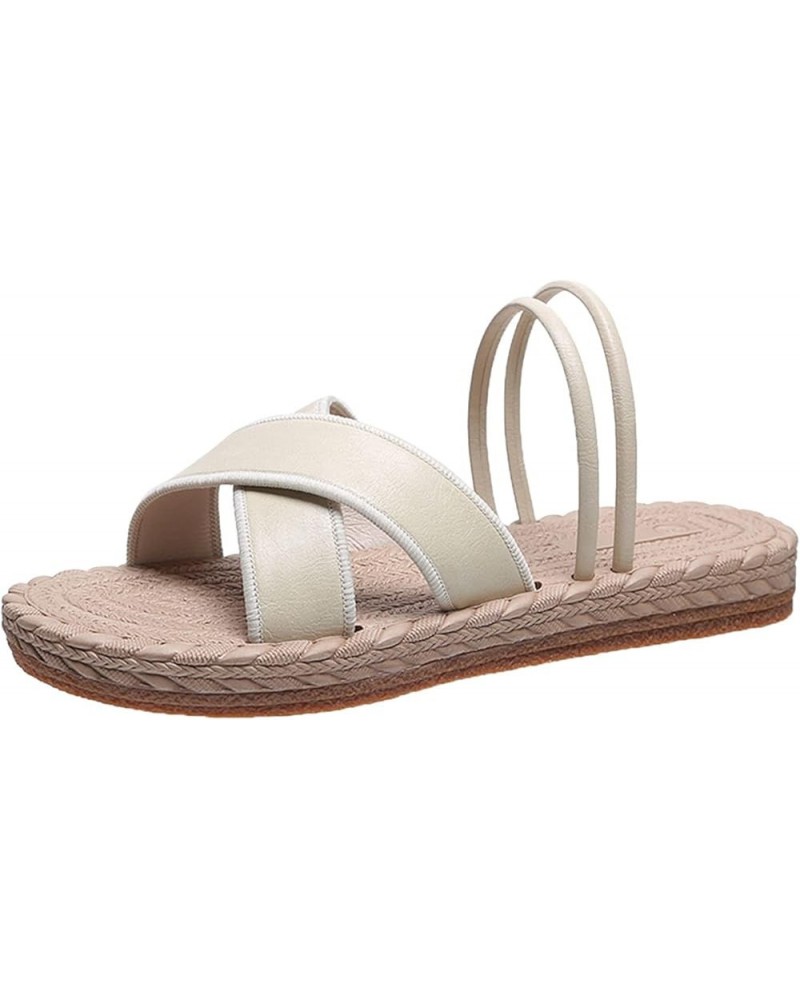 2023 Sandals for Women Dressy Summer Solid Color Woven Platform Sandals Non-Slip Leather Open Toe Slippers F Beige $26.71 Out...