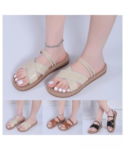 2023 Sandals for Women Dressy Summer Solid Color Woven Platform Sandals Non-Slip Leather Open Toe Slippers F Beige $26.71 Out...