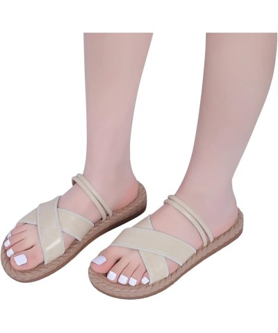 2023 Sandals for Women Dressy Summer Solid Color Woven Platform Sandals Non-Slip Leather Open Toe Slippers F Beige $26.71 Out...