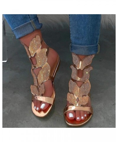 Toe Casual Ladies Fashion Heel Low Rhinestone Women's Shoes Sandals Open Women's sandals Sandals Women Flat Gold $10.21 Sandals