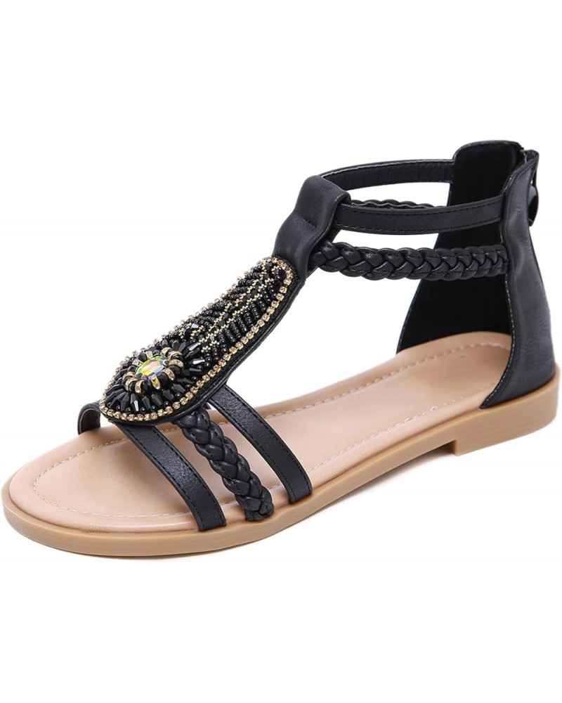 Women's Flat Sandals Ladies Flat Sandals Beaded Strap Sandals Rhinestone Leather Sandals 36 A $21.96 Sandals