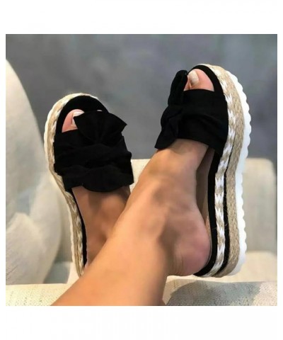 Women's Bow Tie Wedges Slippers Summer Platform Sandals Slip-On Open Toe Twine Slippers for Beach Walk Black $19.89 Sandals