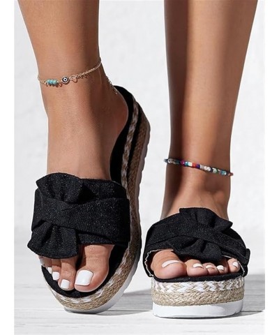 Women's Bow Tie Wedges Slippers Summer Platform Sandals Slip-On Open Toe Twine Slippers for Beach Walk Black $19.89 Sandals