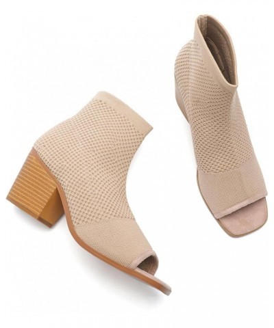 Women's Peep Toe Chunky Heel Ankle Boots Open Toe Knit Sock Booties Casual Slip On Ankle Boot Shoes Beige $15.89 Boots