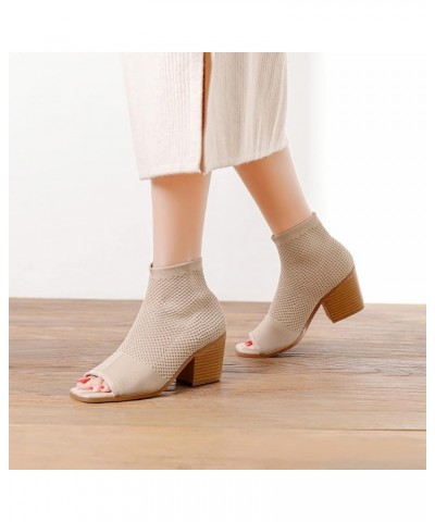 Women's Peep Toe Chunky Heel Ankle Boots Open Toe Knit Sock Booties Casual Slip On Ankle Boot Shoes Beige $15.89 Boots