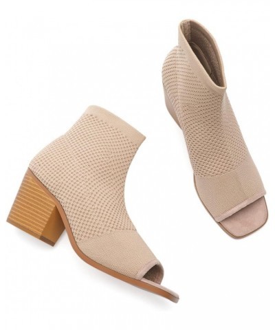 Women's Peep Toe Chunky Heel Ankle Boots Open Toe Knit Sock Booties Casual Slip On Ankle Boot Shoes Beige $15.89 Boots