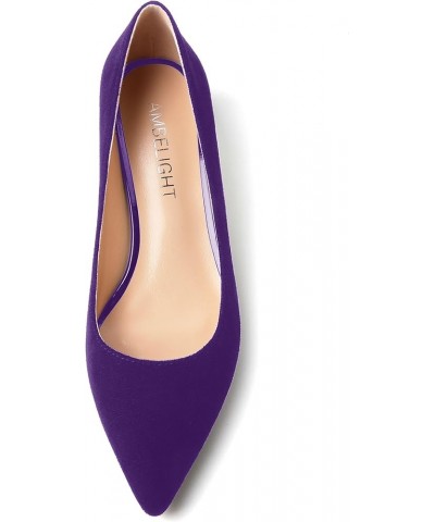 Womens Slip On Solid Casual Pointed Toe Office Suede Kitten Low Heel Pumps Shoes 1.5 Inch Purple $14.70 Pumps