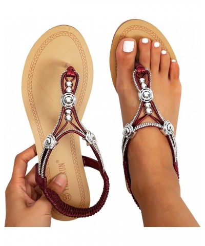 Women Thong Sandals Elastic Strap Comfortable Slip On Flat Rhinestone Flip Flops Casual Dressy Summer Beach Shoes C2-red $10....