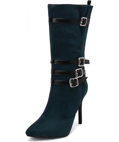 Suede Pointed Toe Mid Calf Stiletto High Heel Boots Goth Buckle Strappy Combat Boots Dark Green $30.08 Boots