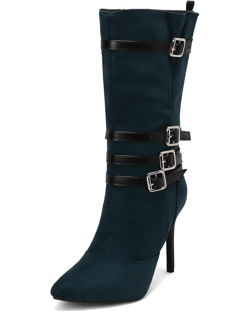 Suede Pointed Toe Mid Calf Stiletto High Heel Boots Goth Buckle Strappy Combat Boots Dark Green $30.08 Boots