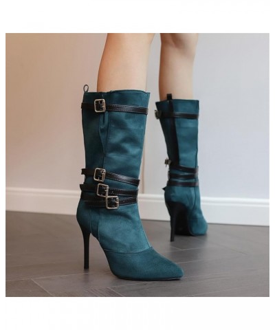 Suede Pointed Toe Mid Calf Stiletto High Heel Boots Goth Buckle Strappy Combat Boots Dark Green $30.08 Boots