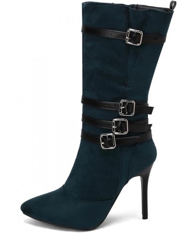 Suede Pointed Toe Mid Calf Stiletto High Heel Boots Goth Buckle Strappy Combat Boots Dark Green $30.08 Boots