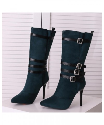 Suede Pointed Toe Mid Calf Stiletto High Heel Boots Goth Buckle Strappy Combat Boots Dark Green $30.08 Boots