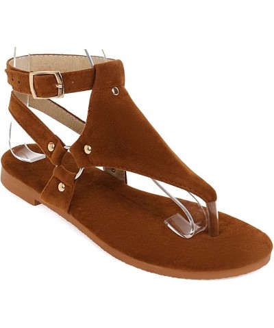 Womens LC997 Peep Toe Clasp Belt Pu Flats Sandals Brown $31.85 Sandals