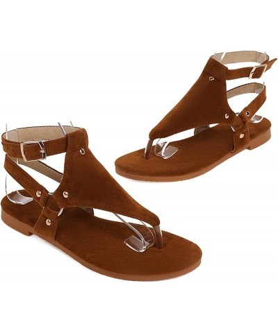 Womens LC997 Peep Toe Clasp Belt Pu Flats Sandals Brown $31.85 Sandals