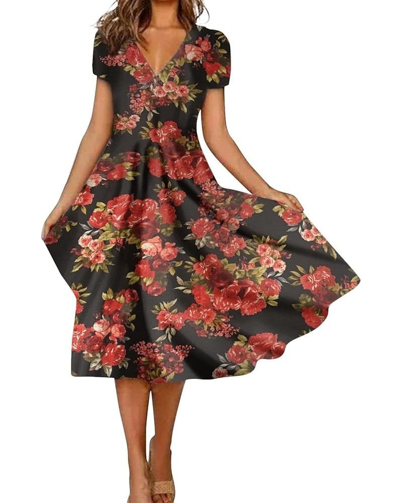 Dresses for Women 2024 Floral Printed V Neck Sundresses Short Sleeve Flowy Midi Dress Trendy Comfy Beach Dress 3-black $11.39...