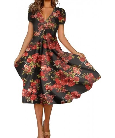 Dresses for Women 2024 Floral Printed V Neck Sundresses Short Sleeve Flowy Midi Dress Trendy Comfy Beach Dress 3-black $11.39...