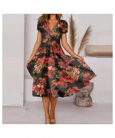 Dresses for Women 2024 Floral Printed V Neck Sundresses Short Sleeve Flowy Midi Dress Trendy Comfy Beach Dress 3-black $11.39...