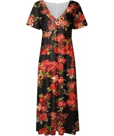 Dresses for Women 2024 Floral Printed V Neck Sundresses Short Sleeve Flowy Midi Dress Trendy Comfy Beach Dress 3-black $11.39...