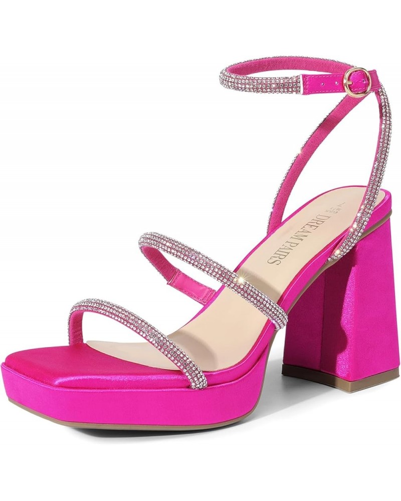 Women's Platform Strappy Heels Open Toe Ankle Strap Square Party Sandals Y2K Dress Shoes Hot Pink Rhinestone $30.59 Sandals