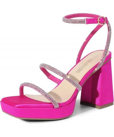 Women's Platform Strappy Heels Open Toe Ankle Strap Square Party Sandals Y2K Dress Shoes Hot Pink Rhinestone $30.59 Sandals