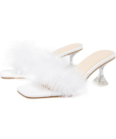 Women's Square Toe High Stilettos Heels Mules Sandals Fluffy Feather Slip on Clear High Heels Wedding Bridal Party Dress Shoe...