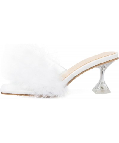 Women's Square Toe High Stilettos Heels Mules Sandals Fluffy Feather Slip on Clear High Heels Wedding Bridal Party Dress Shoe...