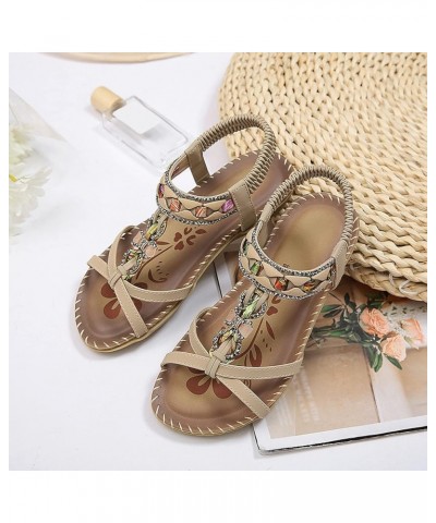 Summer Fashion Women Casual Open Toe Flat Rhinestone Comfortable Soft Bottom Breathable Elastic Band Shoes Sandals Womens Pla...