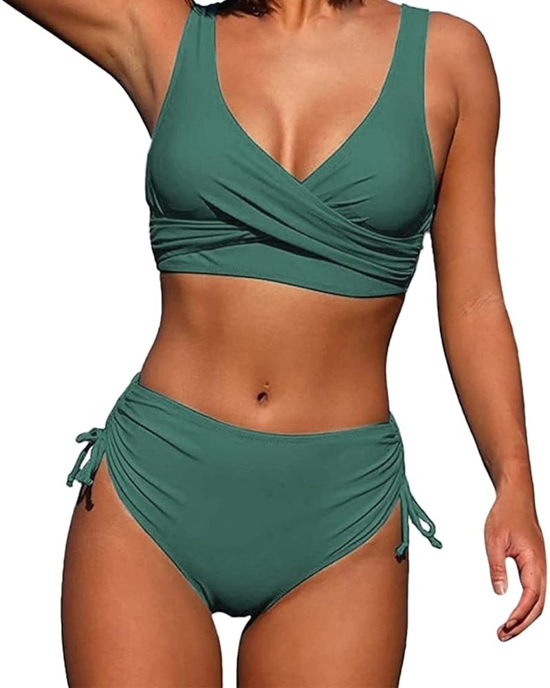 Teen Girl Tops Color 2023 Woman New Split Wrap Lace Up Hollow Out Bikini Solid Color Sexy High Waist Mesh Bikini Green-2024 I...