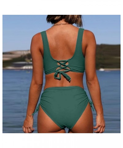 Teen Girl Tops Color 2023 Woman New Split Wrap Lace Up Hollow Out Bikini Solid Color Sexy High Waist Mesh Bikini Green-2024 I...