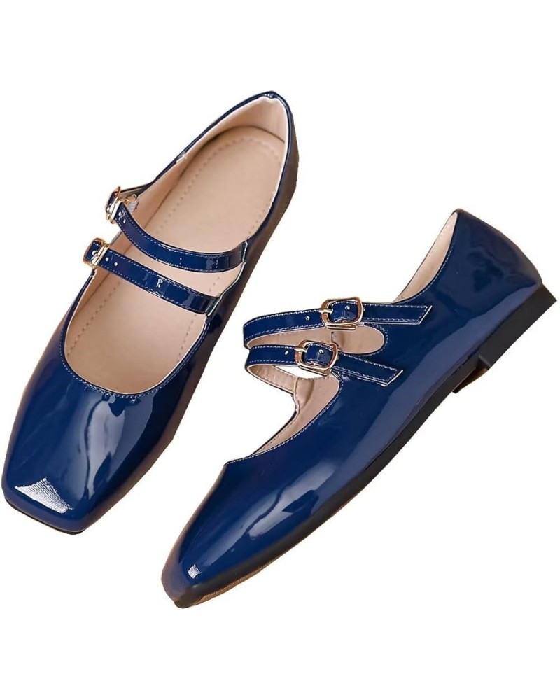 Women's Red Mary Jane Flats Retro Square Toe Soft Ballet Flats Comfort Double Line Strap Wedding Flats A Dark Blue $17.33 Flats