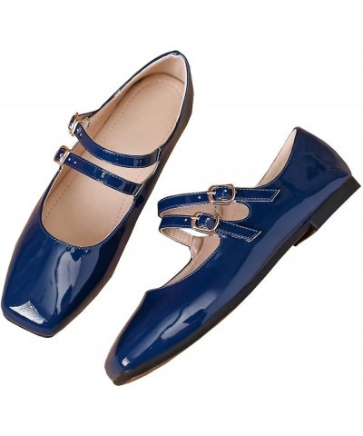 Women's Red Mary Jane Flats Retro Square Toe Soft Ballet Flats Comfort Double Line Strap Wedding Flats A Dark Blue $17.33 Flats